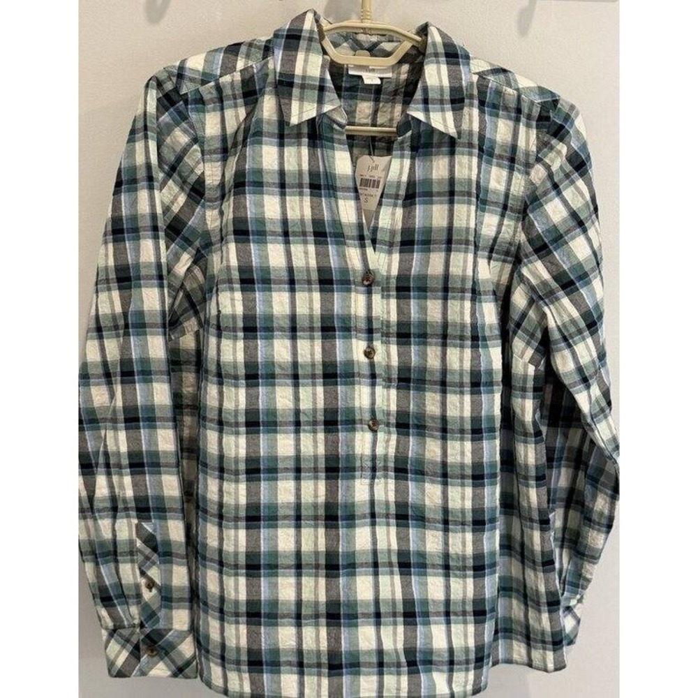 J Jill Plaid Popover Long Sleeve Shirt Navy Green Collar New Brushed Cotton S